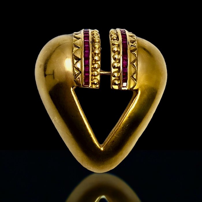 Vedhæng - 18 kraat Gulguld Art Deco Stor 18k Amazing Gold Broche Ruby's LOVE design 28 gram - Rubin