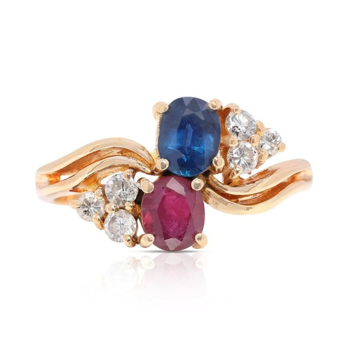 Ring - 14 karat Gulguld -  0.72ct. tw. Safir - Rubin