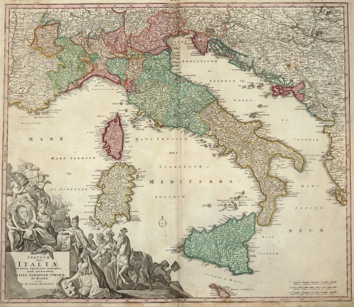 Europa - Italien; J. B. Homann - Statuum totius Italiae novissima repraesentatio geographica simul exsibens insulas Siciliae - 1707 (SJÆLDEN FØRSTE UDGAVE)