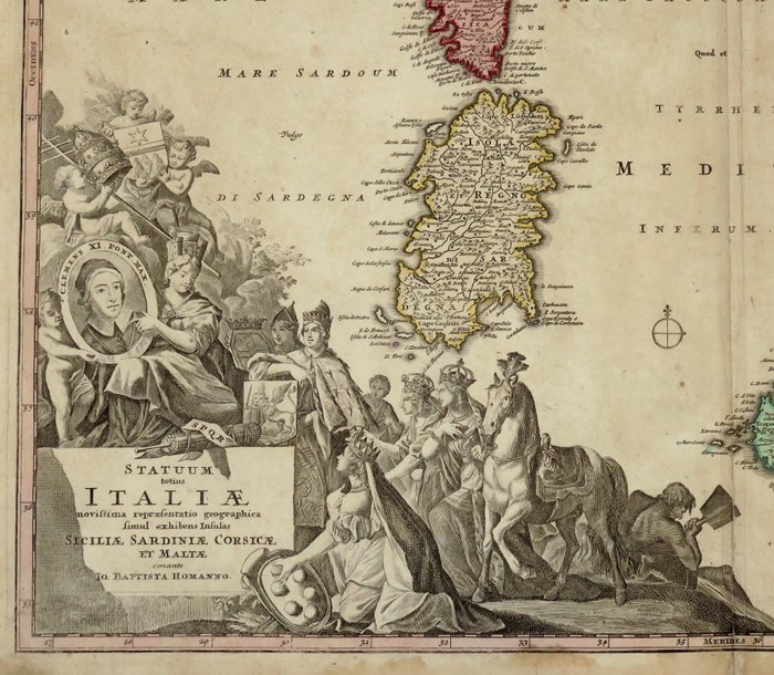 Europa - Italien; J. B. Homann - Statuum totius Italiae novissima repraesentatio geographica simul exsibens insulas Siciliae - 1707 (SJÆLDEN FØRSTE UDGAVE)