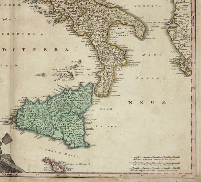 Europa - Italien; J. B. Homann - Statuum totius Italiae novissima repraesentatio geographica simul exsibens insulas Siciliae - 1707 (SJÆLDEN FØRSTE UDGAVE)