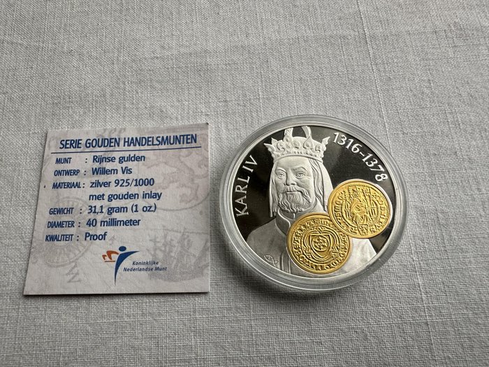 Hollandske Antiller. 10 Gulden 2001 Handelsmunt 'Karel IV' zilver met gouden inlay  (Ingen mindstepris)