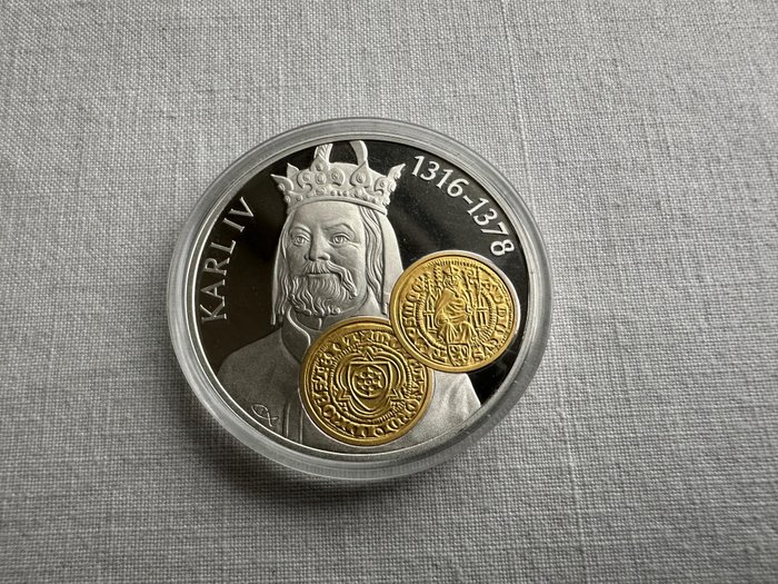 Hollandske Antiller. 10 Gulden 2001 Handelsmunt 'Karel IV' zilver met gouden inlay  (Ingen mindstepris)