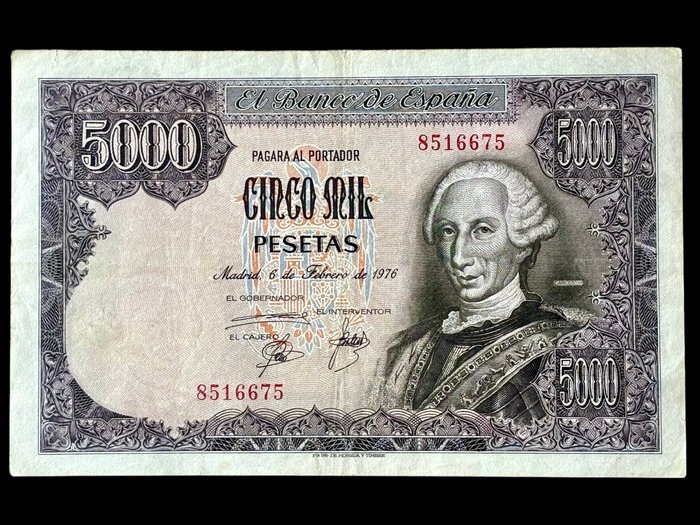 Spanien. - 5000 Pesetas - 1976 - Carlos III - Sin Serie - (B023) - Pick 155  (Ingen mindstepris)