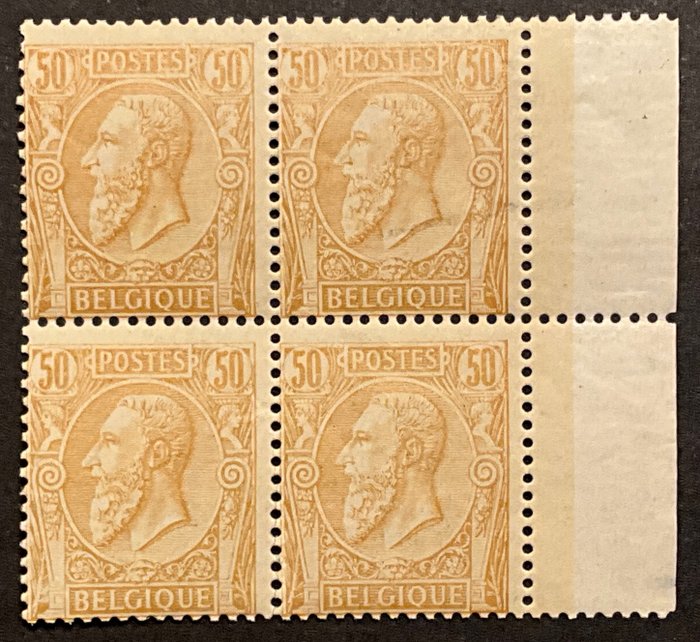 Belgien 1884/1891 - Udgave 1884 Leopold II - 50c Okker på gullig - Blok på 4 MNH med pladekant - OBP 50