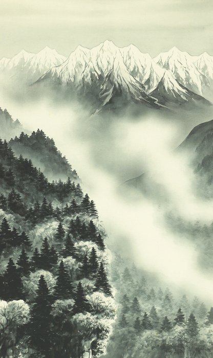 奥利根 Okutone - Mountain Mist River Landscape with Original Double Box (Tomobako) - Sugihara Genjin 杉原元人 (1912-2009) - Japan  (Ingen mindstepris)