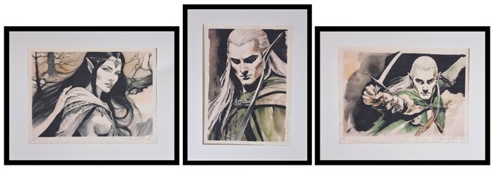 Lord of the Rings - Triptychon Legolas and Arwen - watercolor edition on handmade Kahari Paper by Emma Wildfang