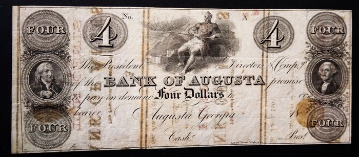 Förenta staterna - Obsolete currency - 4 Dollars 1800's - Augusta bank - GA-1520-24 - remainder  (Ingen mindstepris)