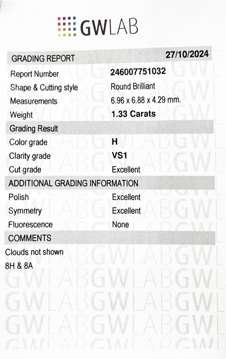 1 pcs Diamant  (Natur)  - 1.33 ct - Rund - H - VS1 - Gemewizard Gemological Laboratory (GWLab) - 3 X EX