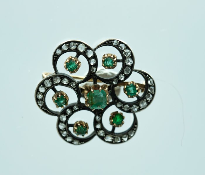 Broche - 14 karat Gulguld Smaragd - Diamant