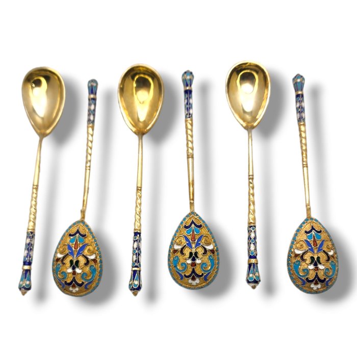 A Set of 6 Antique Imperial  Russian Enamel  84 Silver Spoons  Russe Circa 1890 - Ske (6) - .875 (84 zolotnik) sølv