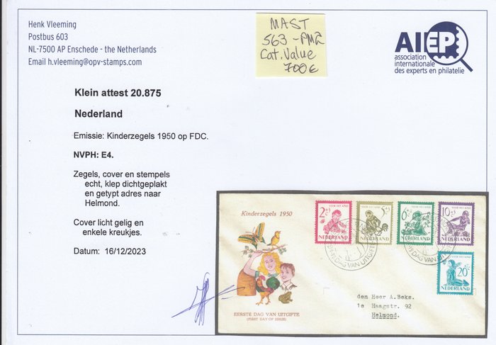 Holland 1950 - FDC Kinderzegels Med Pladefejl + H. Vleeming Certifikat - NVPH E4 met plaatfout 563 PM2