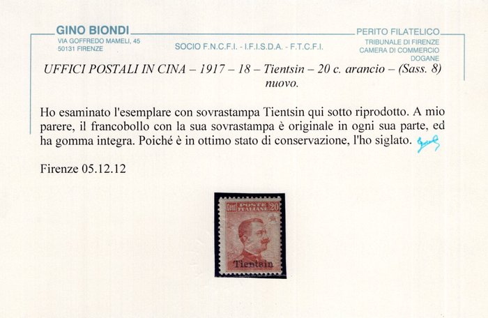 Kina - italienske postkontorer 1917 - Tientsin - 20c. orange, nyt eksempel med intakt gummi - fremragende kvalitet - Sjælden!!! - Sassone n° 8