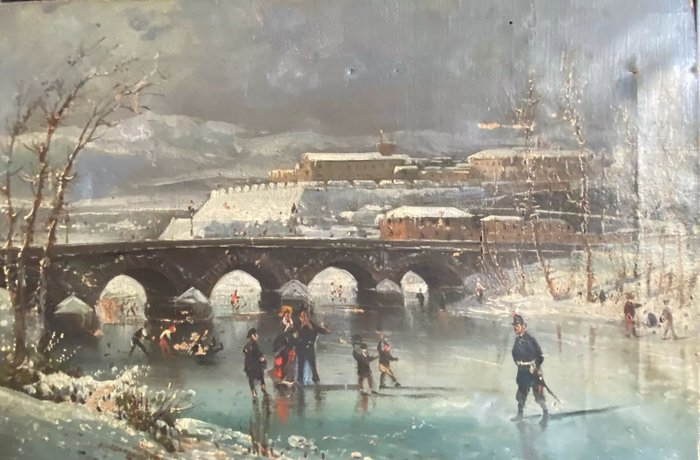 Scuola fiamminga (XIX) - Skating and playing on frozen river