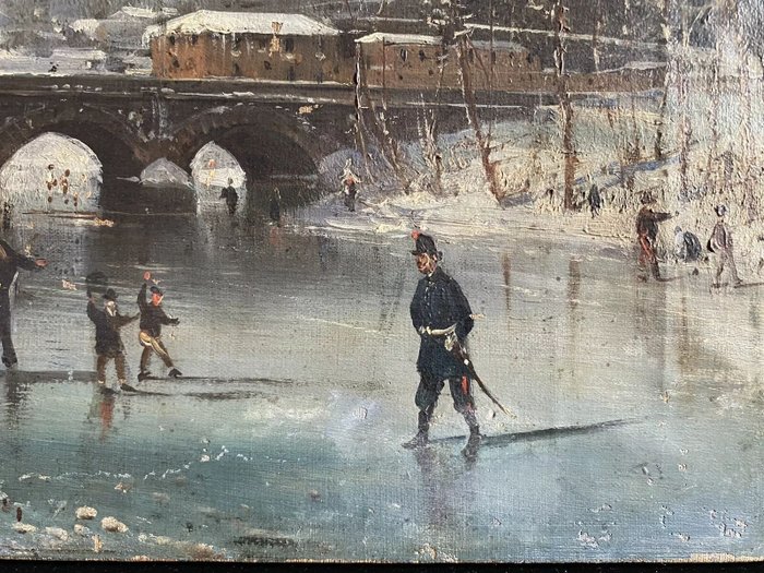 Scuola fiamminga (XIX) - Skating and playing on frozen river