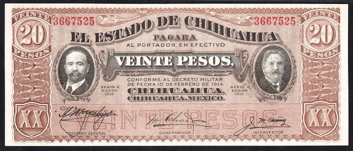 Mexico - Chihuahua - 20 Pesos 1915 - Pick S-537b  (Ingen mindstepris)