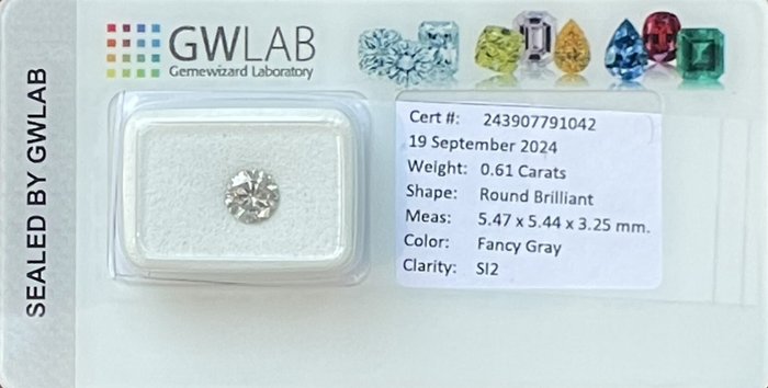 Ingen mindstepris - 1 pcs Diamant  (Naturfarvet)  - 0.61 ct - Rund - Fancy Grå - SI2 - Gemewizard Gemological Laboratory (GWLab) - Grå