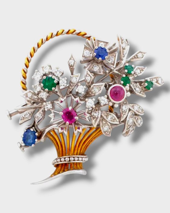 Broche - 18 kraat Gulguld, 18K guld Ruby Emerald Sapphire Diamond Broche Pin