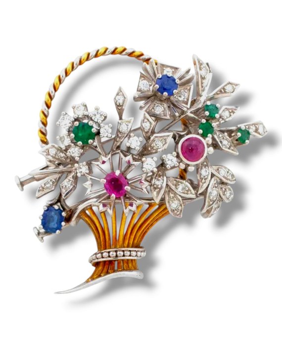 Broche - 18 kraat Gulguld, 18K guld Ruby Emerald Sapphire Diamond Broche Pin