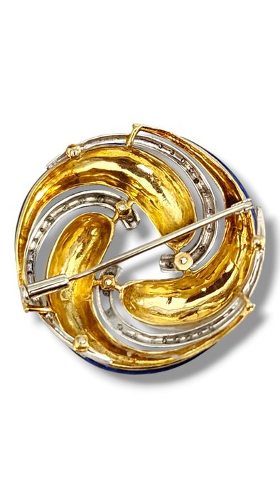 Broche - 18 kraat Gulguld, Fantastisk 18K guld, emalje og diamantbroche