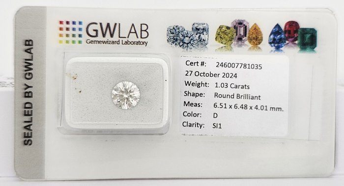 1 pcs Diamant  (Natur)  - 1.03 ct - Rund - D (farveløs) - SI1 - Gemewizard Gemological Laboratory (GWLab) - 3 X EX