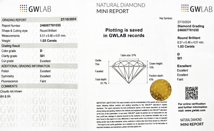 1 pcs Diamant  (Natur)  - 1.03 ct - Rund - D (farveløs) - SI1 - Gemewizard Gemological Laboratory (GWLab) - 3 X EX