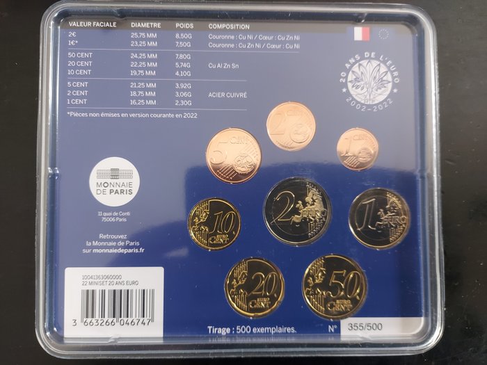 Frankrig. Year Set (FDC) 2022 "20 Ans de l'Euro"  (Ingen mindstepris)