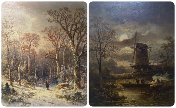 Cölestin Brügner (1824-1887) - Windmühle bei Mondschein und Winterlandschaft im Wald (2x)