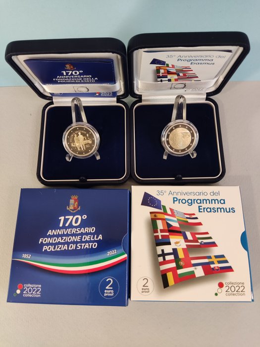 Italien. 2 Euro 2022 "Erasmus" + "Polizia di stato" Proof (2 monete)  (Ingen mindstepris)