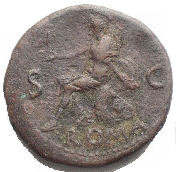 Romarriket. Nero (AD 54-68). Sestertius r/Roma with Parazonium and Victoriola sitting to the left on weapons.