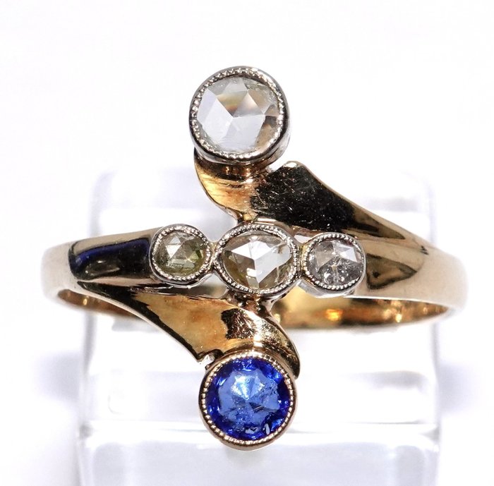 Ring - 14 karat Gulguld, Platin Diamant (Natur)  - Safir - gratis størrelsesændring ned til 55