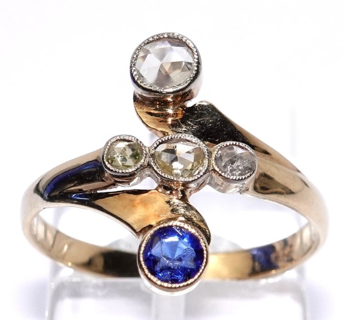 Ring - 14 karat Gulguld, Platin Diamant (Natur)  - Safir - gratis størrelsesændring ned til 55