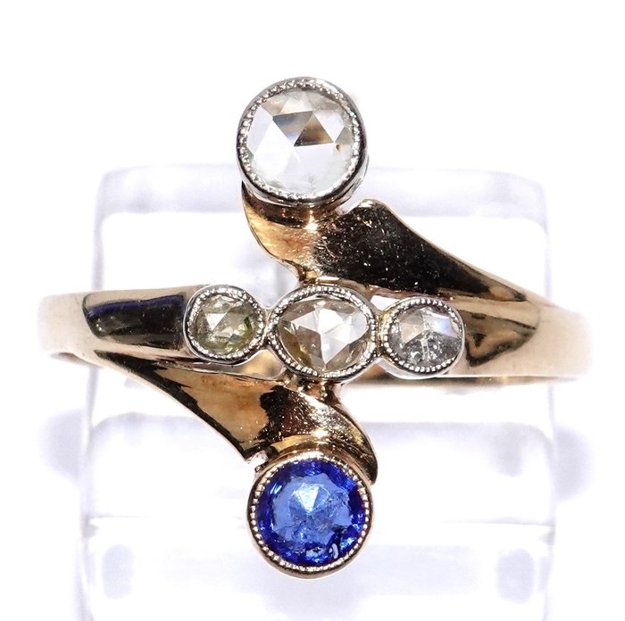 Ring - 14 karat Gulguld, Platin Diamant (Natur)  - Safir - gratis størrelsesændring ned til 55