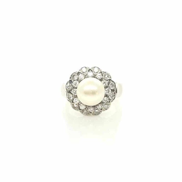 Ring - 14 karat Hvidguld -  0.50ct. tw. Perle - Diamant - Pære Halo diamantring