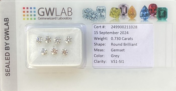 Ingen mindstepris - 7 pcs Diamant  (Natur)  - 0.73 ct - Rund - SI1, VS1 - Gemewizard Gemological Laboratory (GWLab) - Grå