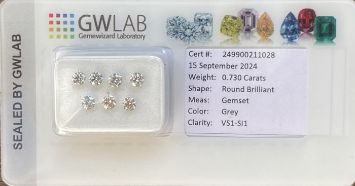 Ingen mindstepris - 7 pcs Diamant  (Natur)  - 0.73 ct - Rund - SI1, VS1 - Gemewizard Gemological Laboratory (GWLab) - Grå