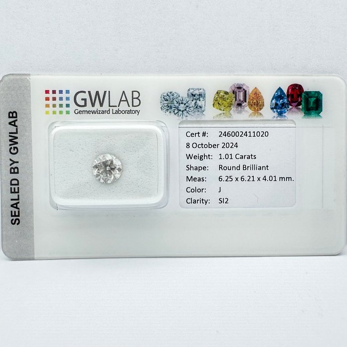 Ingen mindstepris - 1 pcs Diamant  (Natur)  - 1.01 ct - Rund - J - SI2 - Gemewizard Gemological Laboratory (GWLab)