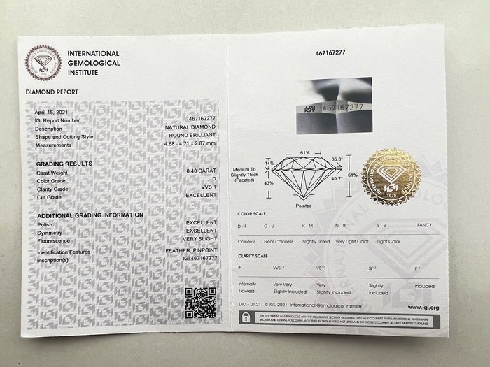 1 pcs Diamant  (Natur)  - 0.40 ct - Rund - D (farveløs) - VVS1 - International Gemological Institute (IGI)