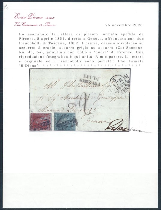 Antikke Italienske Stater - Toscana  - 1 + 2 kr. på brev fra Firenze (hjerteaflysninger, s. 7) Cert R. Diena i fuld. - n. 4c + 5a