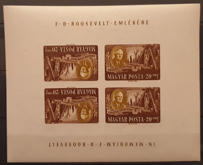 Ungarn 1947 - Michel KLB 986/92 - meget sjældne Roosevelt imperforerede miniark med omvendt print