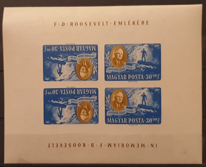 Ungarn 1947 - Michel KLB 986/92 - meget sjældne Roosevelt imperforerede miniark med omvendt print