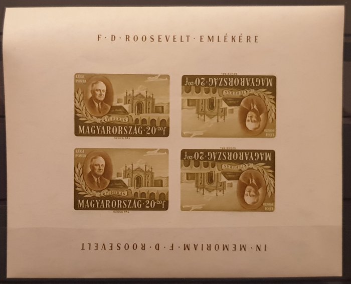 Ungarn 1947 - Michel KLB 986/92 - meget sjældne Roosevelt imperforerede miniark med omvendt print