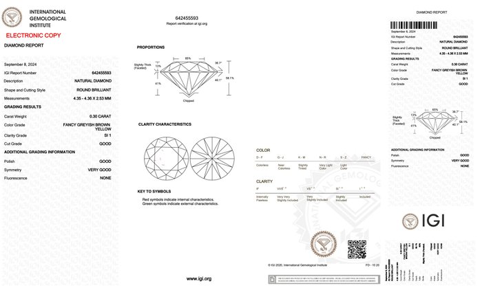 Ingen mindstepris - 1 pcs Diamant  (Naturfarvet)  - 0.30 ct - Rund - Fancy Brun, Grålig Gul - SI1 - International Gemological Institute (IGI)