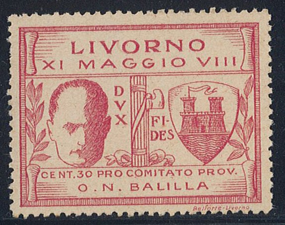 Lokale emissioner: Kongerige - LIVORNO  - 30 øre. lyserød n. 1, Mussolinis besøg i Livorno. "Pink Mussolini"