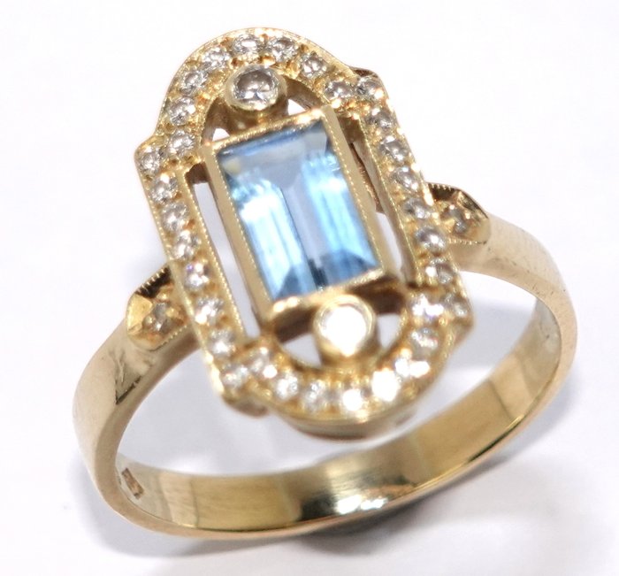 Ring - 18 kraat Gulguld -  1.52ct. tw. Akvamarin - Diamant - Gratis størrelsesændring EU52-64