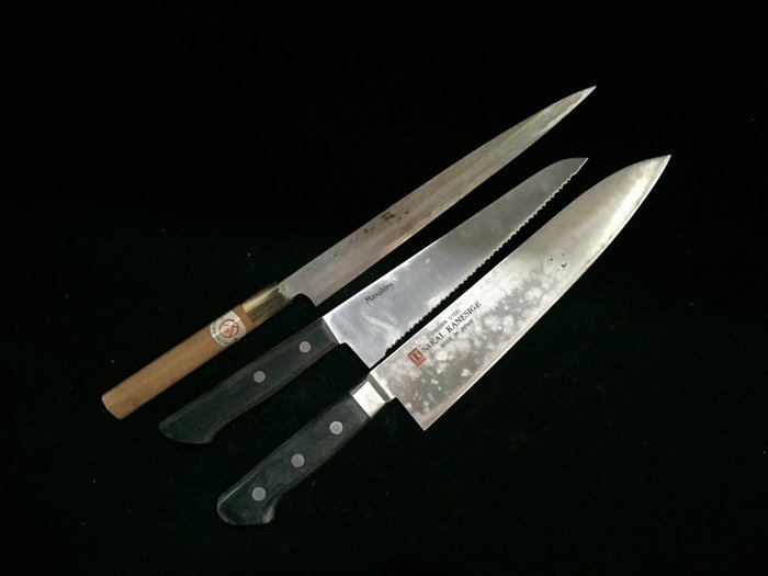 Set of 3 / Japanese Vintage Kitchen Knife / 柳刃 YANAGIBA 牛刀 GYUTO - Køkkenkniv - Stål, Træ - Japan