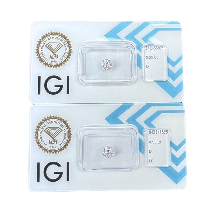 Ingen mindstepris - 2 pcs Diamant  (Natur)  - 1.10 ct - Rund - D (farveløs) - IF - International Gemological Institute (IGI) - Ideelt snitpar