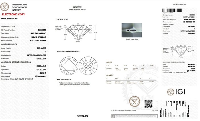 Ingen mindstepris - 2 pcs Diamant  (Natur)  - 1.10 ct - Rund - D (farveløs) - IF - International Gemological Institute (IGI) - Ideelt snitpar