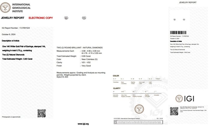 Øreringe - 14 karat Hvidguld -  0.80ct. tw. Diamant (Natur) - Ideelt slebne diamanter