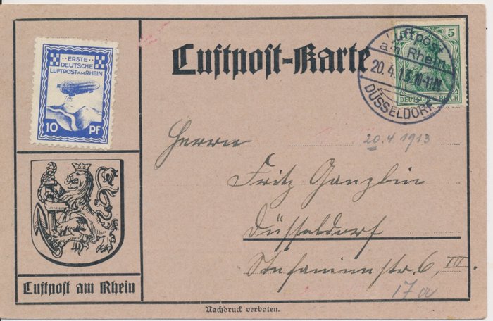 Det tyske kejserrige - Halvofficielle luftfartsfrimærker 1913 - Flystempel Zeppelin Flight Days Düsseldorf 10 Pfennig koboltblå på luftpostkort - Michel Nr 9